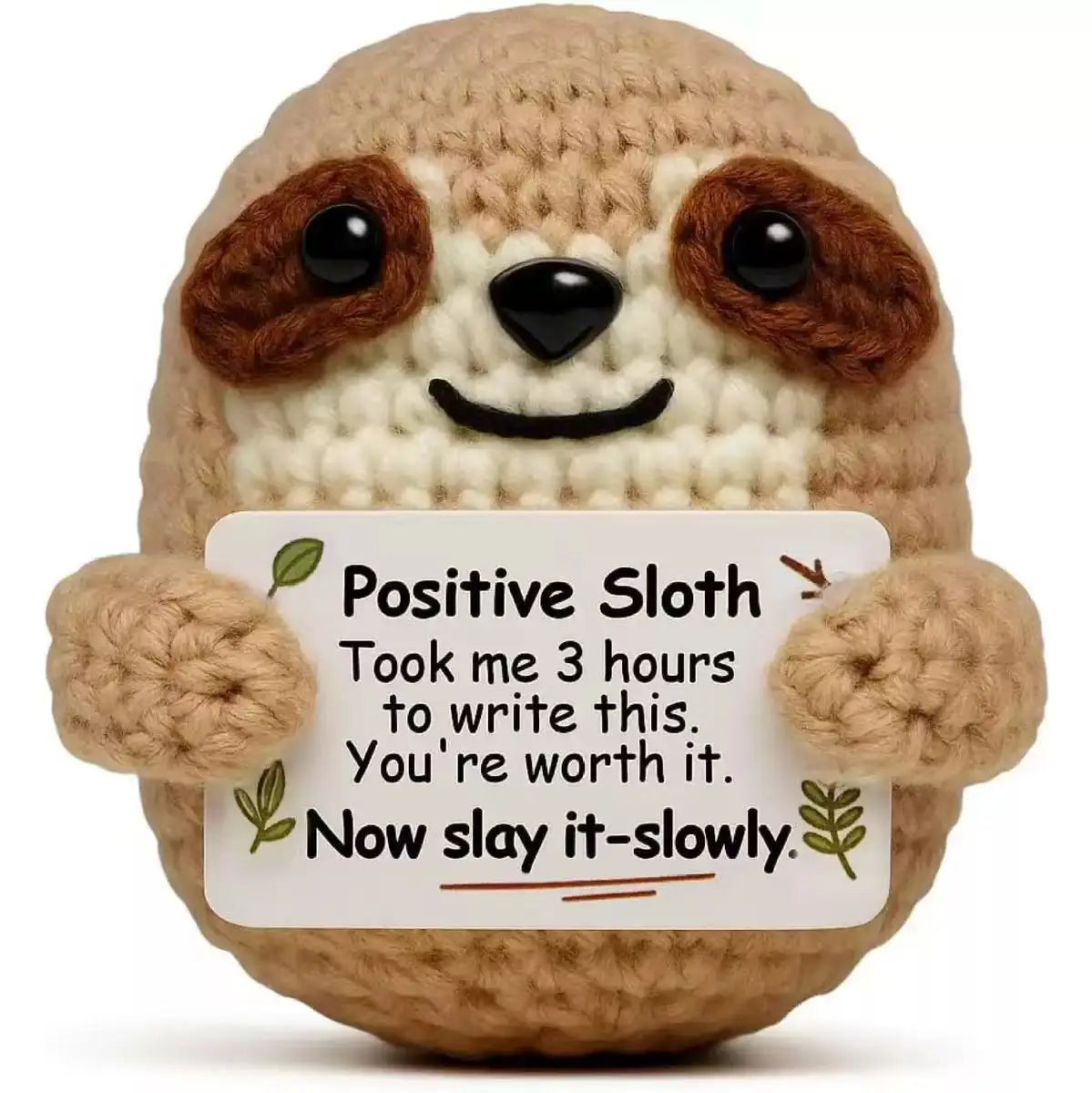 Handmade crochet sloth baseball bat doll with a positivity card