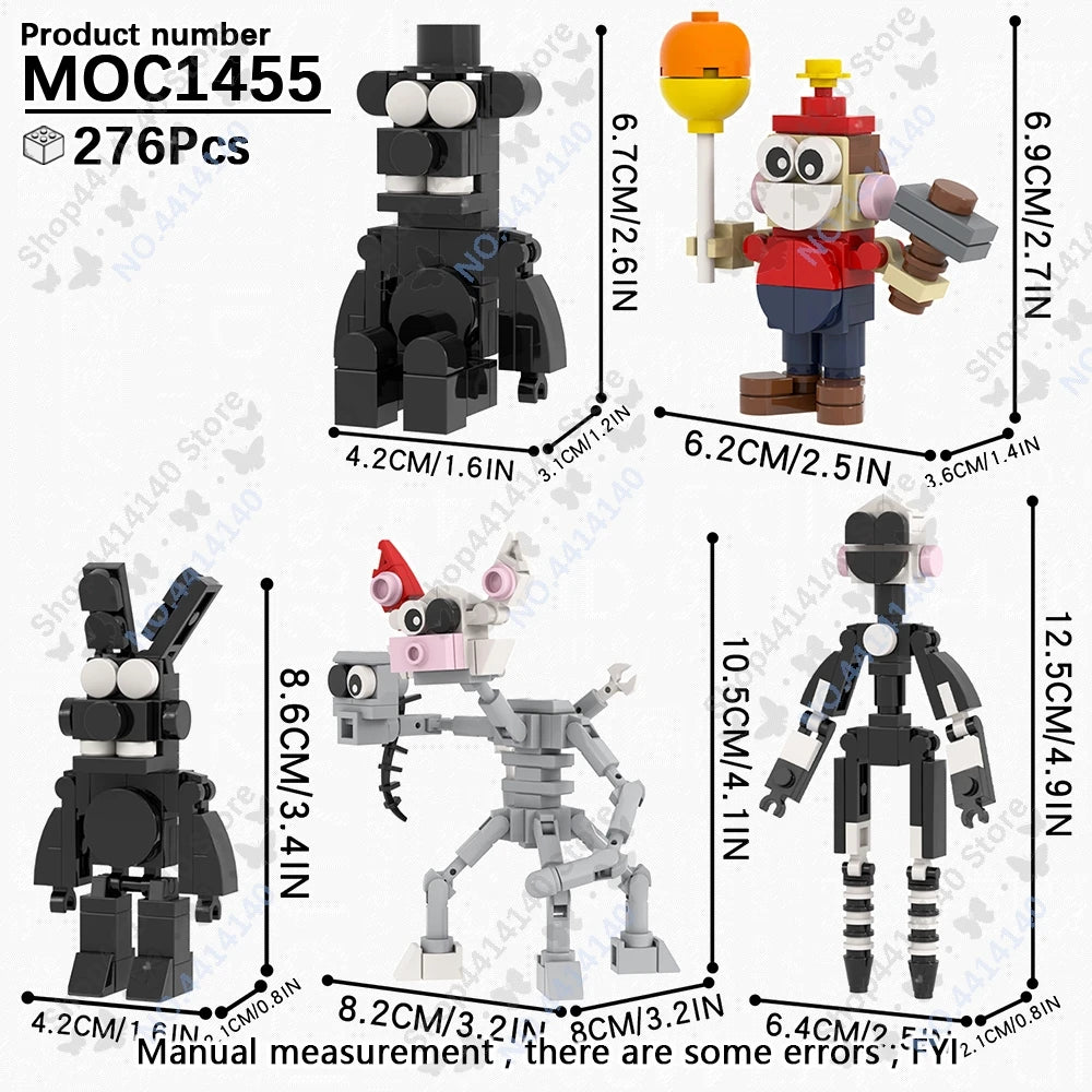 A set of five Nightmarion-like characters made of black and gray building blocks.