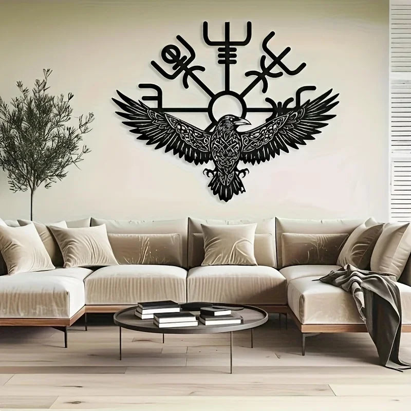 Viking Raven Metal Wall Art with Celtic Compass Symbol