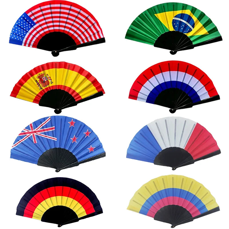 A collection of seven handheld folding fans featuring various country flag designs.