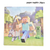 A watercolor illustration of Minecraft characters, including a player figure and various mobs, set against a green landscape.