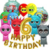 A set of six colorful balloons featuring various cartoon characters and designs for a birthday party.