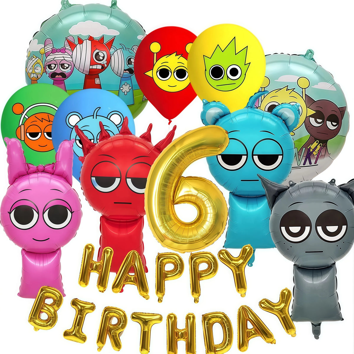 A set of six colorful balloons featuring various cartoon characters and designs for a birthday party.