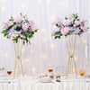 Gold geometric flower stands with pink and purple flowers for table decor