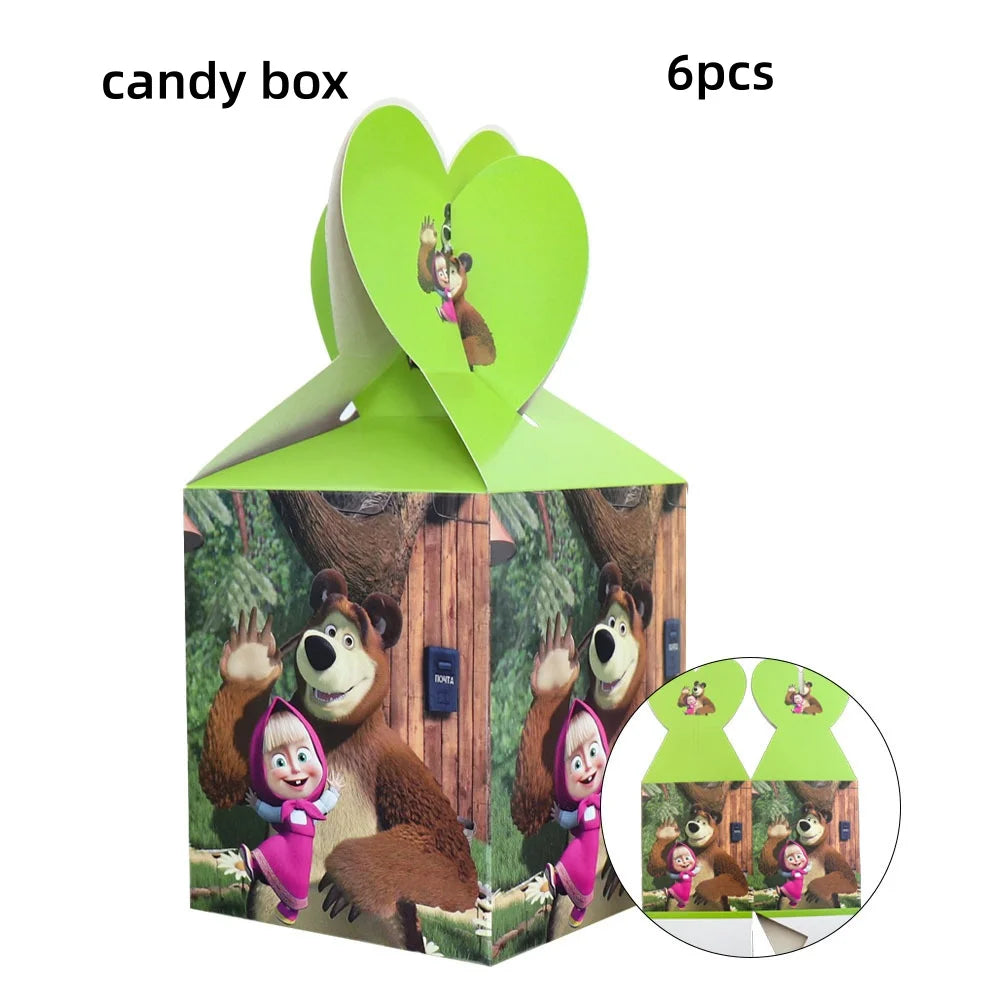 A green candy box shaped like a bear and featuring six small figures of Masha and Bear characters.