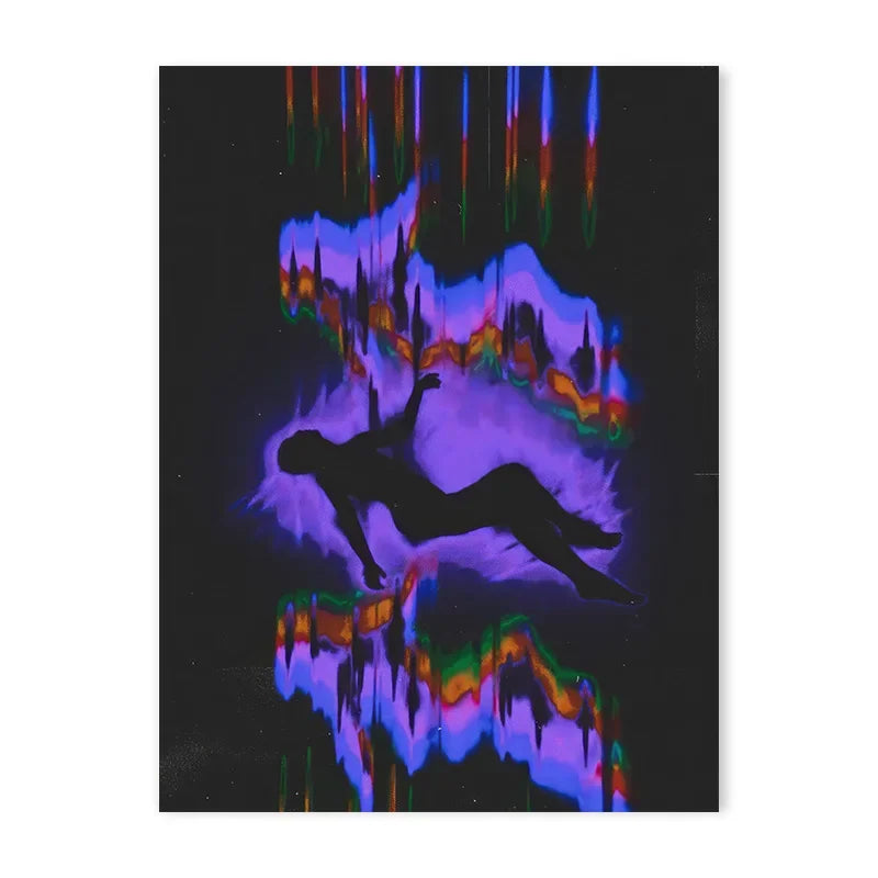 Abstract wall art featuring vibrant vertical light streaks and a silhouette of a person against a dark background.