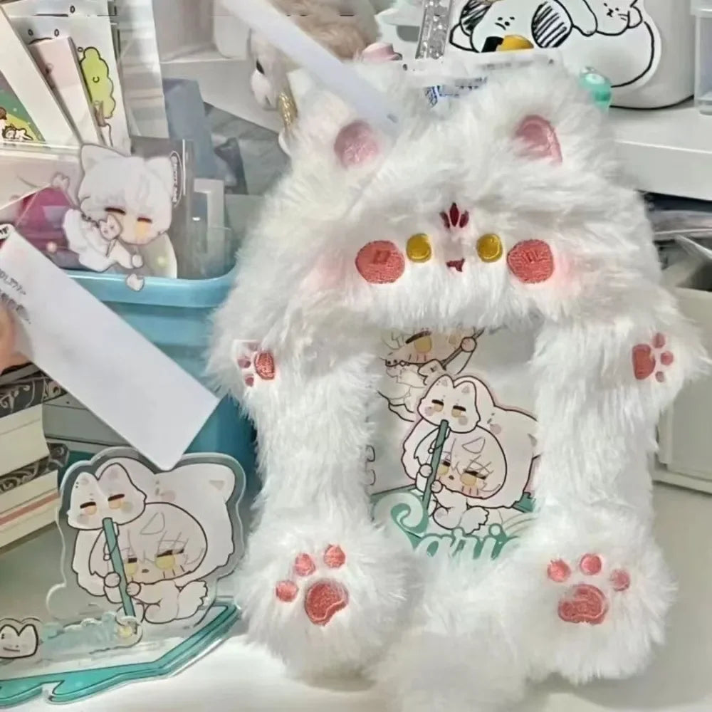 A white fluffy plush photocard holder with pink paw prints and a cute illustration inside.