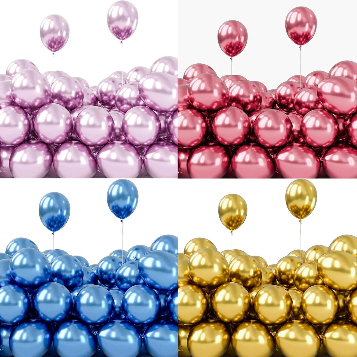 A collection of chrome metallic balloons in various shades of pink, blue, and gold.