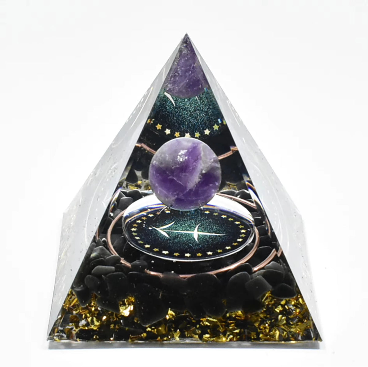 Handmade resin orgonite pyramid featuring a purple stone, natural obsidian, and a copper coil.
