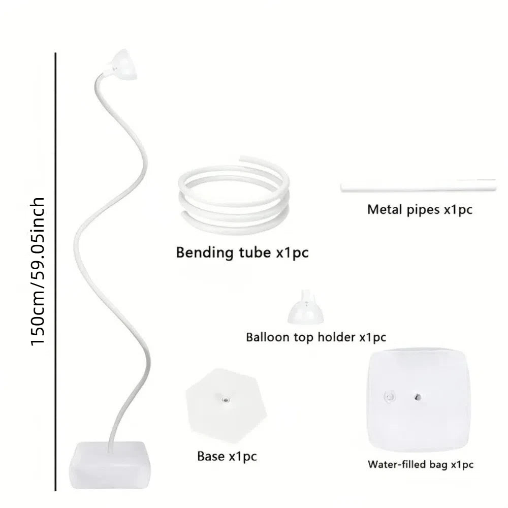 Adjustable balloon arch kit components including a bending tube, top holder, base, and water-filled bag