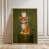 A painting of a small orange and black tiger sitting on a green pedestal.