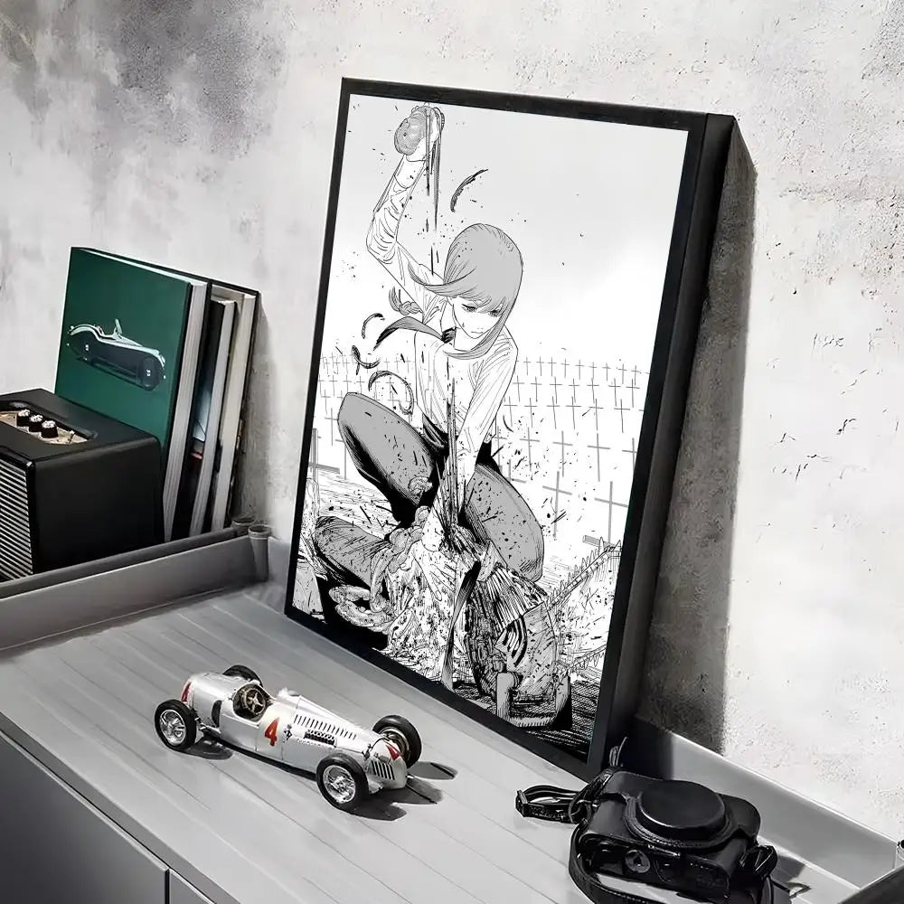 Anime wall art featuring a character in a dynamic pose with a chainsaw theme and a miniature model car.