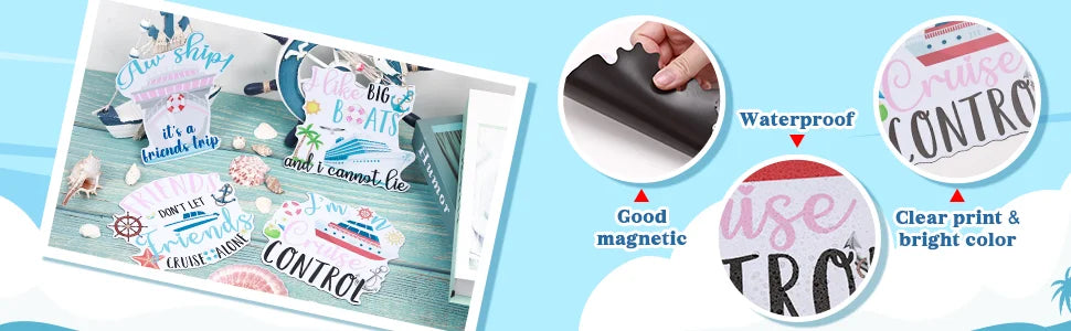 A set of magnetic cruise door decorations featuring cute sayings and bright colors for marine themes.