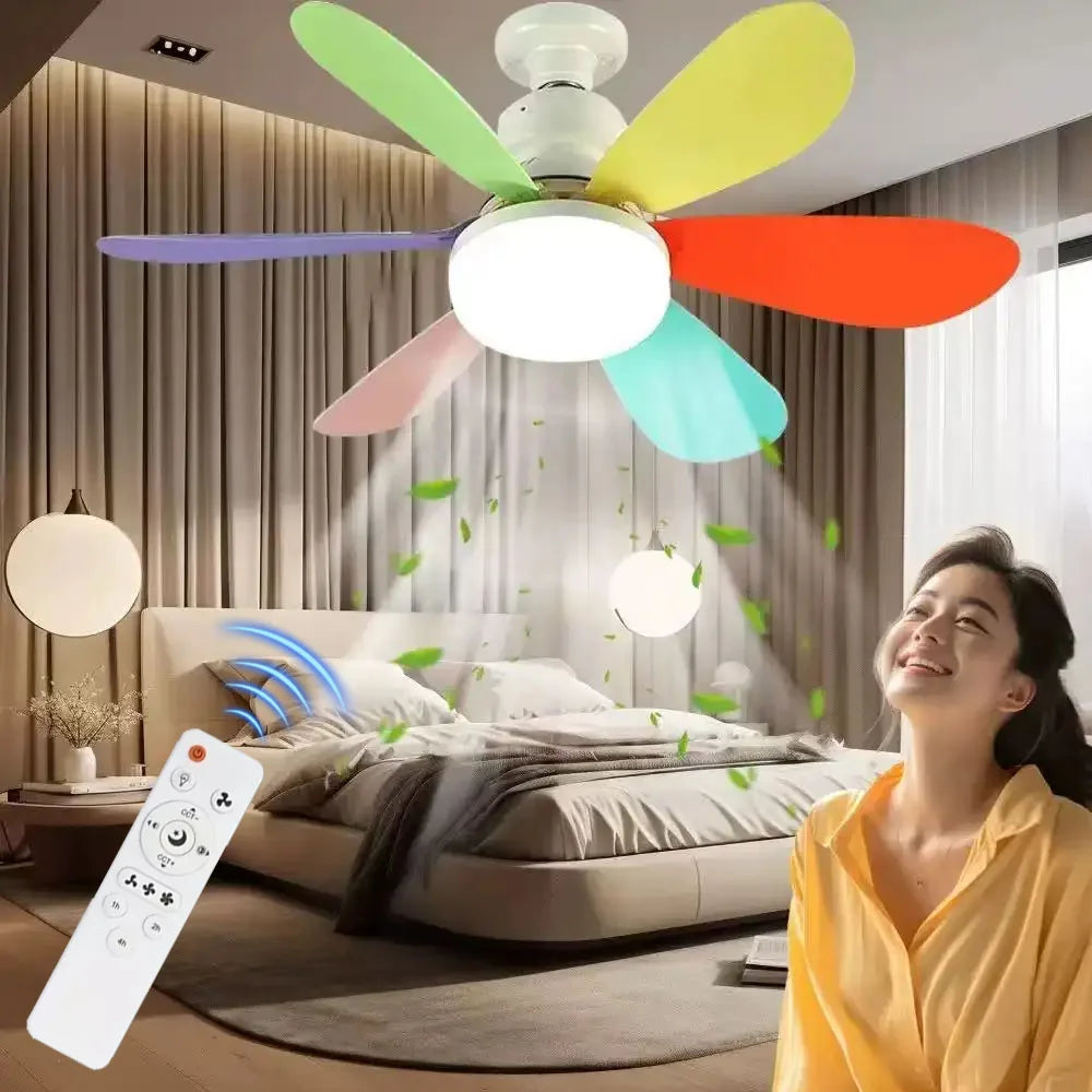 امرأة تبتسم بينما يضيء مروحة سقف بإضاءة LED متعددة الألوان غرفة نومها.