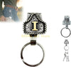 Silver metal belt keychain featuring an engraved letter I and a quick-release clip.