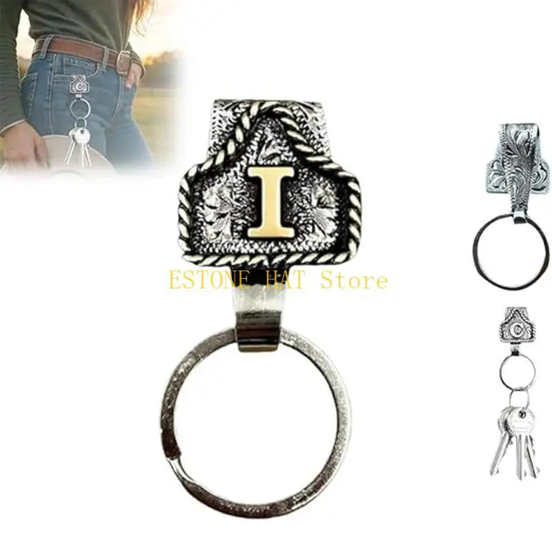 Silver metal belt keychain featuring an engraved letter I and a quick-release clip.