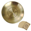 A round, polished brass or gold-toned stainless steel altar plate featuring a carved pentagram design.