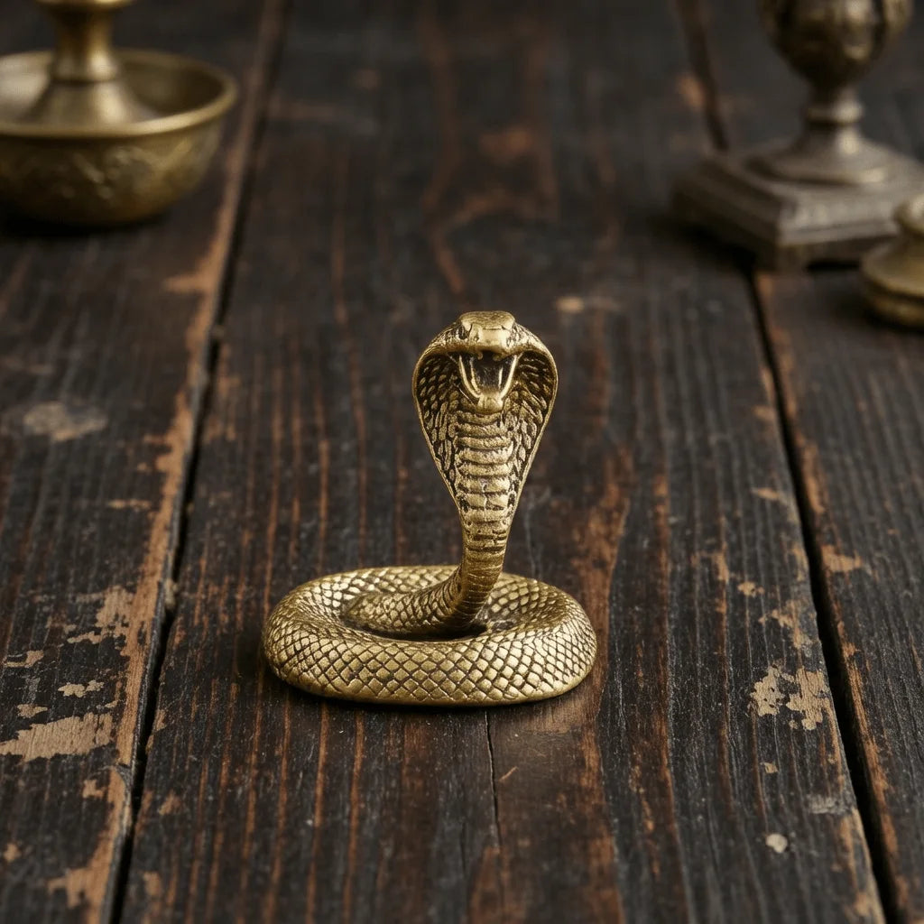 A detailed brass snake sculpture with an intricate head coiled on a dark wooden surface.