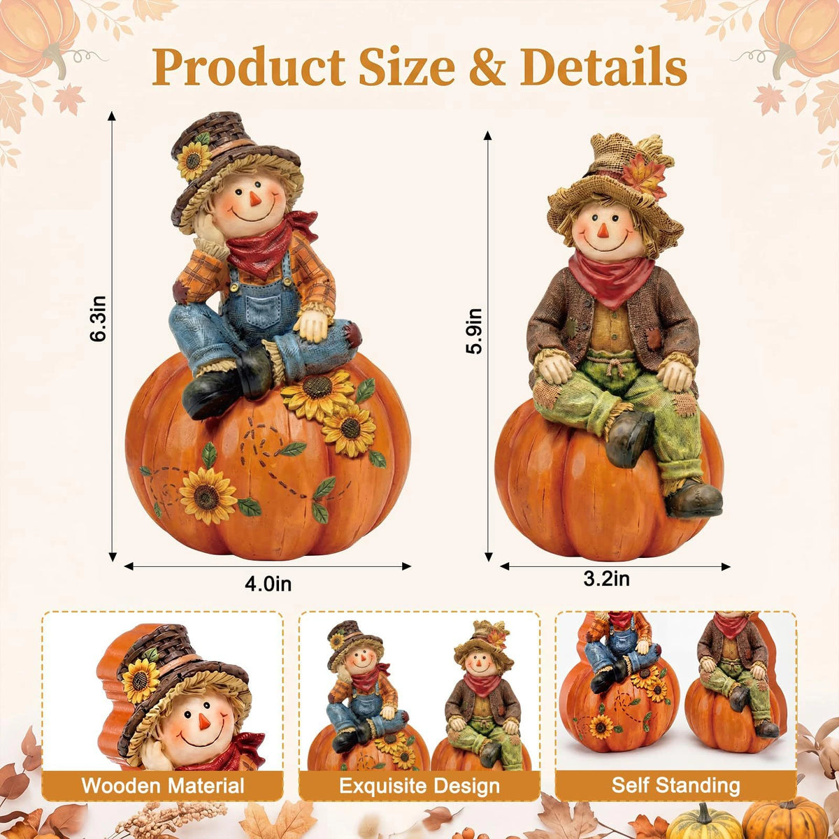 Autumn scarecrow wooden tabletop decor set showing a figure in a hat and jacket sitting on an orange pumpkin