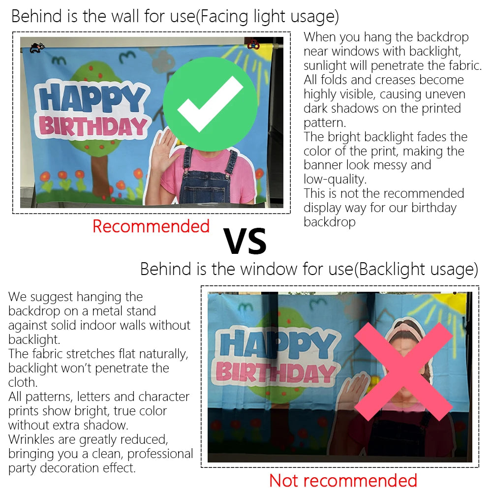 Comparison of recommended and not recommended backdrops for a birthday party using a fabric backdrop
