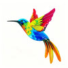 A vibrant, colorful metal hummingbird sculpture with iridescent feathers in red, yellow, green, blue, and orange.