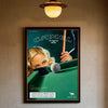 Vintage poster featuring a woman looking intensely while holding a Camel cigarette and a silver sphere on a green surface.