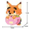 An orange fox model built from micro building blocks, shown with dimensions.