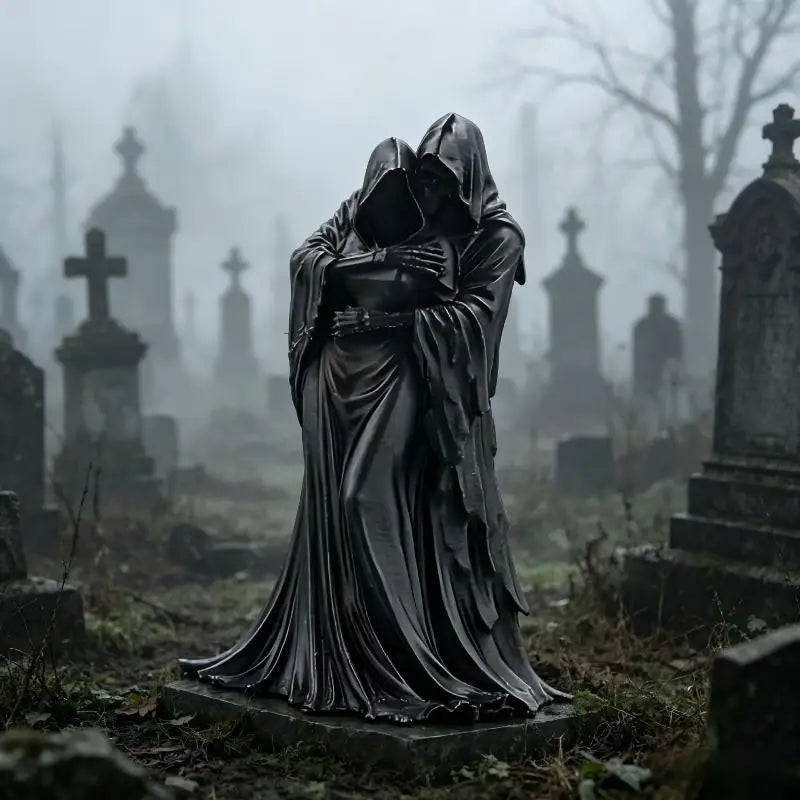 Statue eines Gräuelreapers-Paares, das in einem nebligen Friedhof in Umarmung steht.