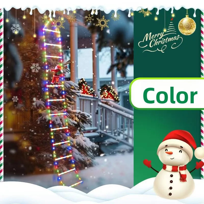 A festive Christmas scene featuring a glowing ladder decoration with colorful lights set against a snowy winter background.