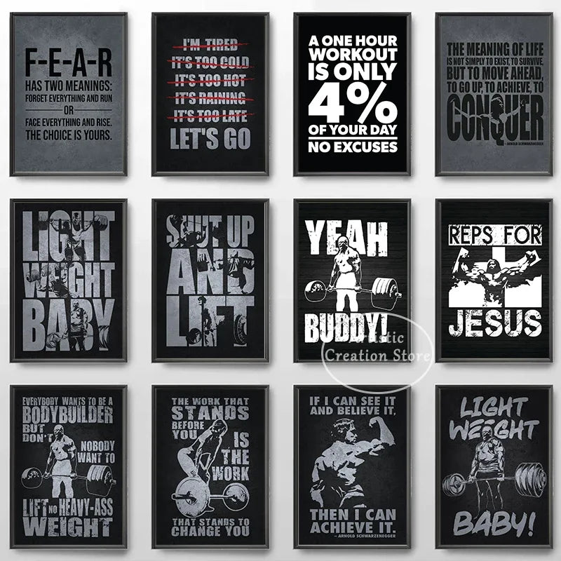 A canvas print featuring various motivational phrases and gym-related text on a dark background.