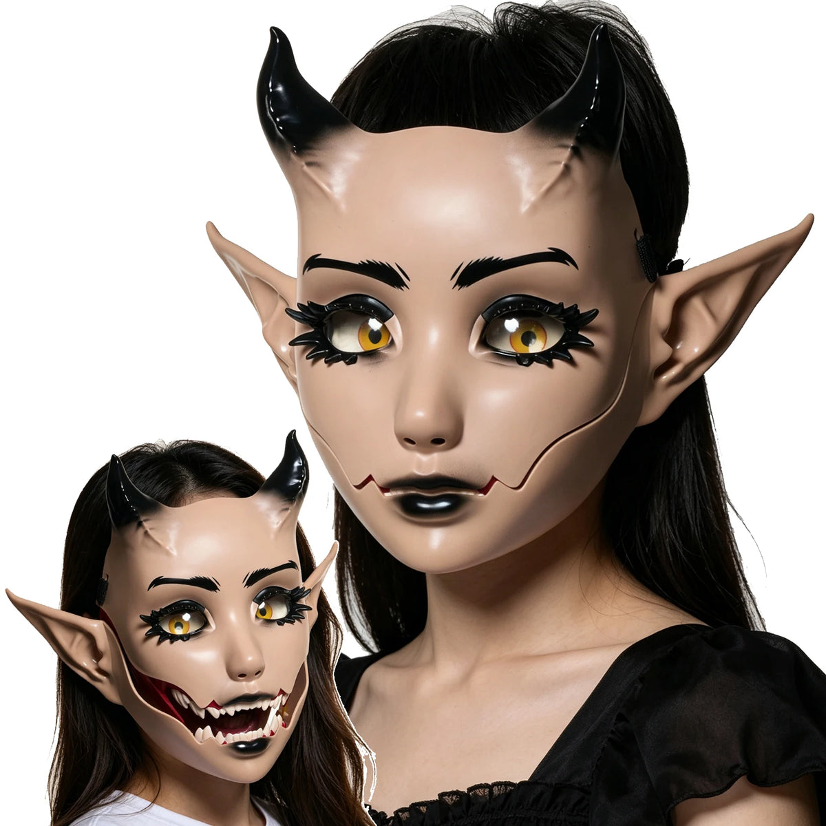 A close-up of a woman wearing a realistic, pale fantasy creature mask with horns and movable jaw.