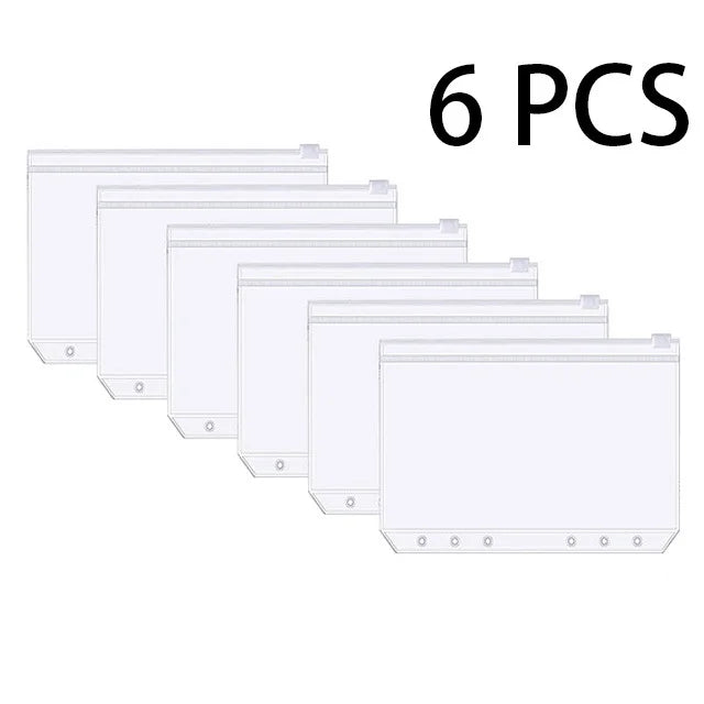 Six clear plastic budget planner binders with cash envelopes and expense sheets