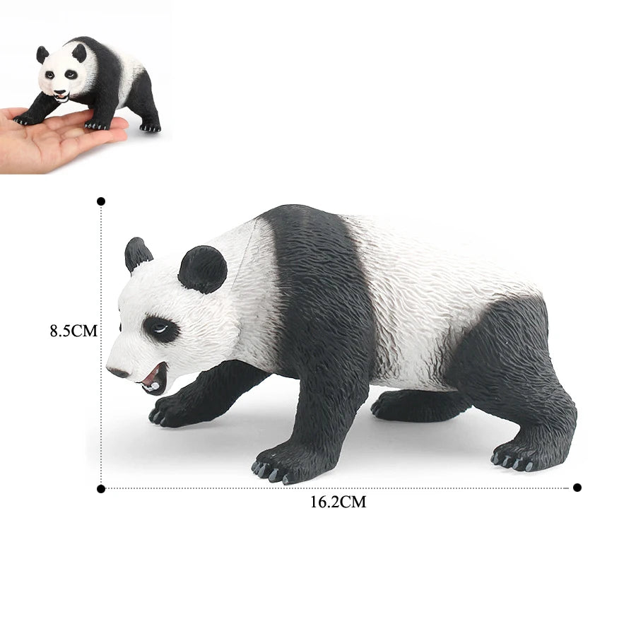 A realistic black and white panda figurine shown from the side with dimensions 8.5cm high and 16.2cm long.