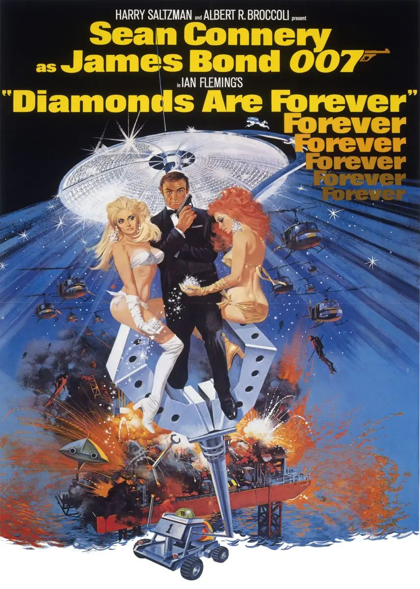 A movie poster featuring Sean Connery as James Bond 007 surrounded by a blue light beam and various action scenes.