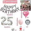 A set of silver and pink balloons for a 51-piece happy birthday decoration including balloons, glue, and accessories.
