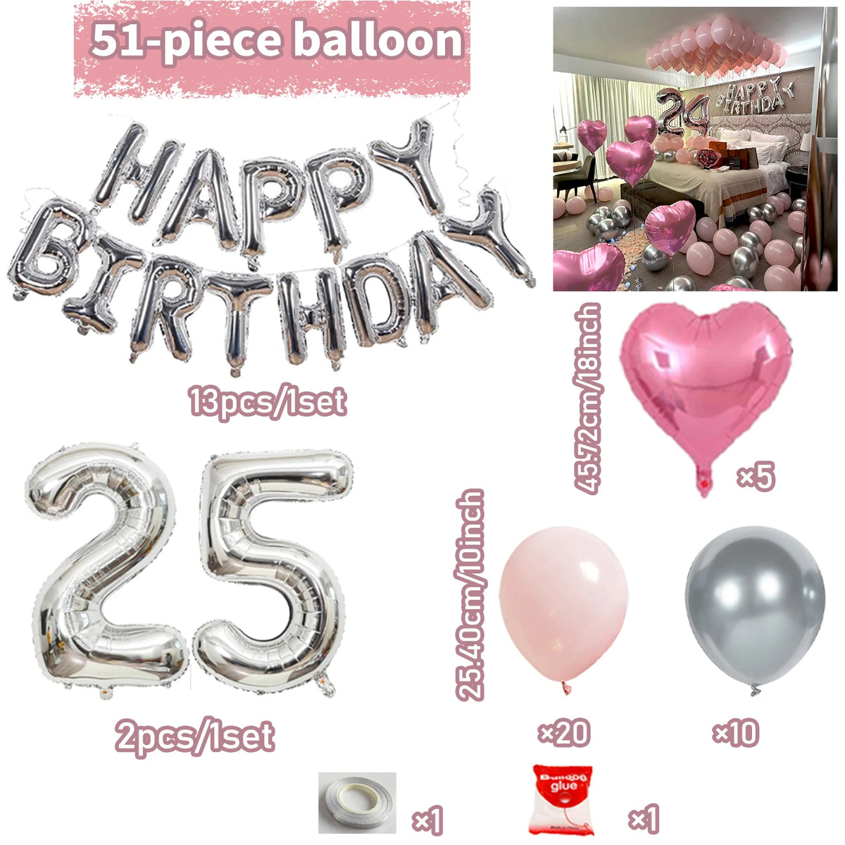 A set of silver and pink balloons for a 51-piece happy birthday decoration including balloons, glue, and accessories.
