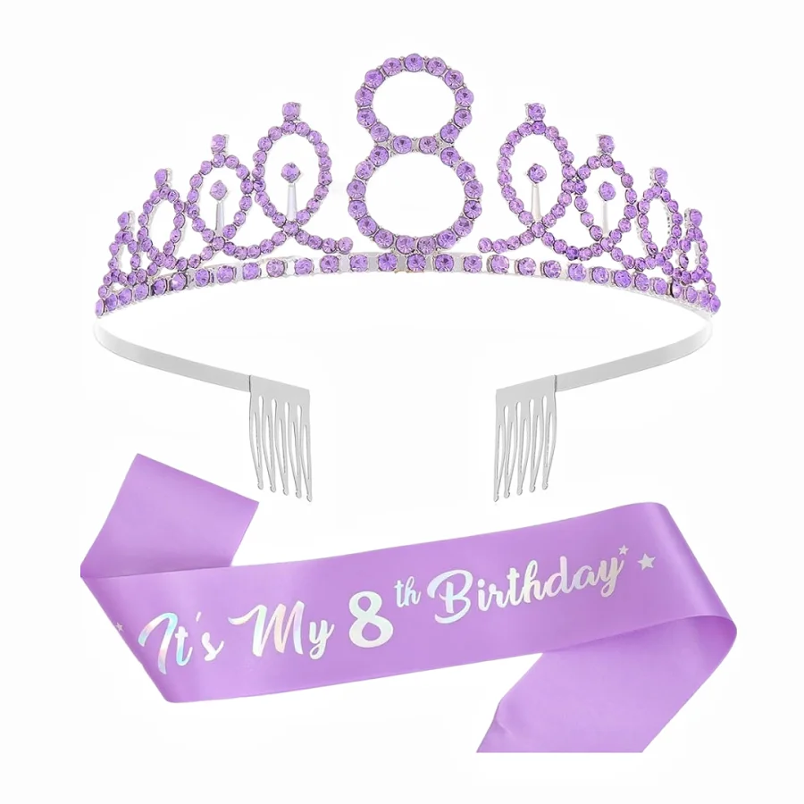 A purple princess birthday tiara crown set with a sash that reads It's My 8th Birthday