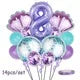 A set of 14 mermaid-themed balloons in shades of purple and blue for a party decoration.