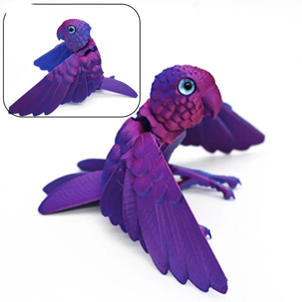 A purple articulated 3D printed parrot figurine with movable wings shown in detail and full view.