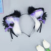A pair of black and purple faux fur fox ears headband with heart charms and purple ribbon