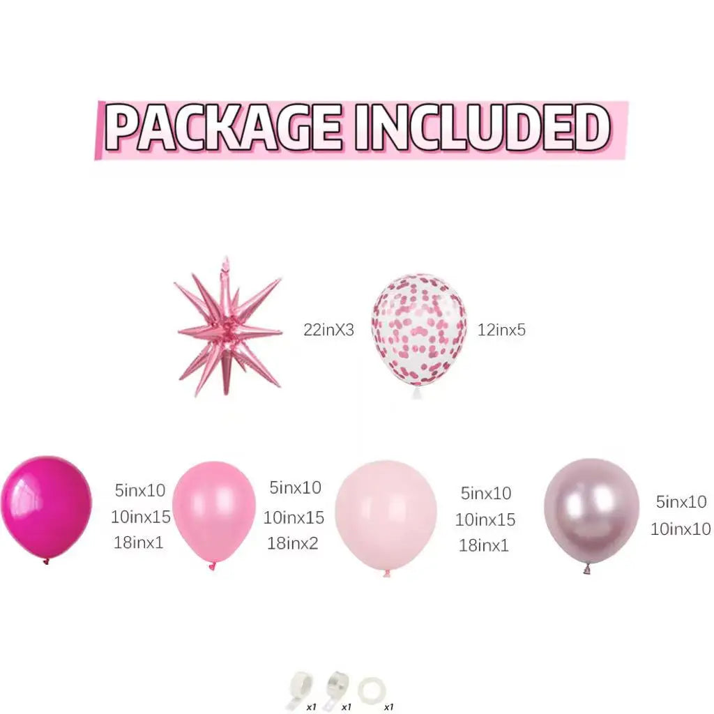 A collection of hot pink metallic confetti balloons in various sizes and shades, packaged for a balloon garland.