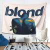 A dark silhouette of a person against a light background on a tapestry featuring the word blond.