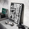 A framed poster of C-Chainsaw Man anime art displayed on a white shelf.