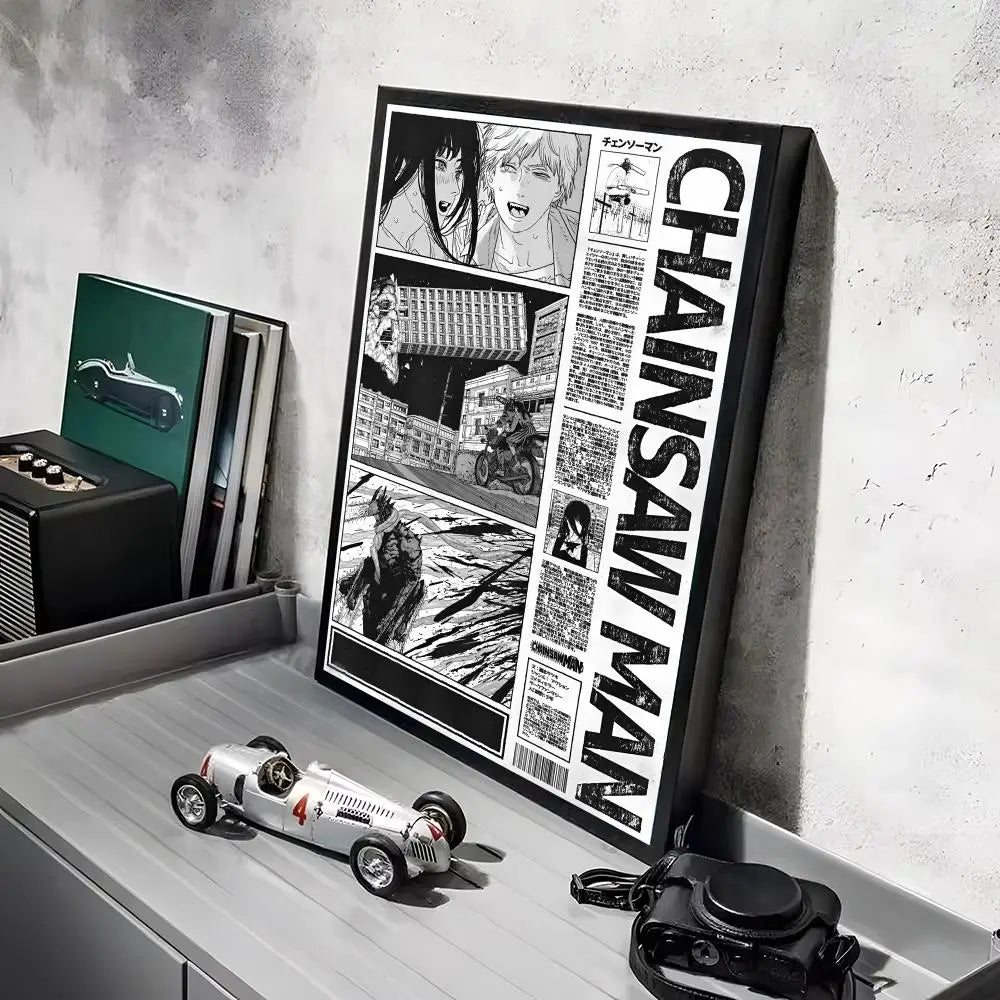 A framed poster of C-Chainsaw Man anime art displayed on a white shelf.