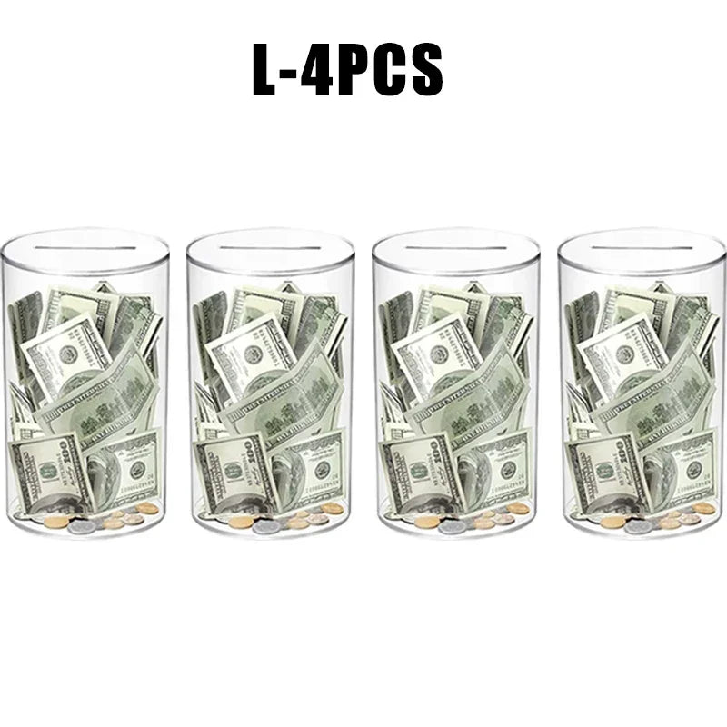 Four transparent acrylic money saving jars filled with US dollar bills