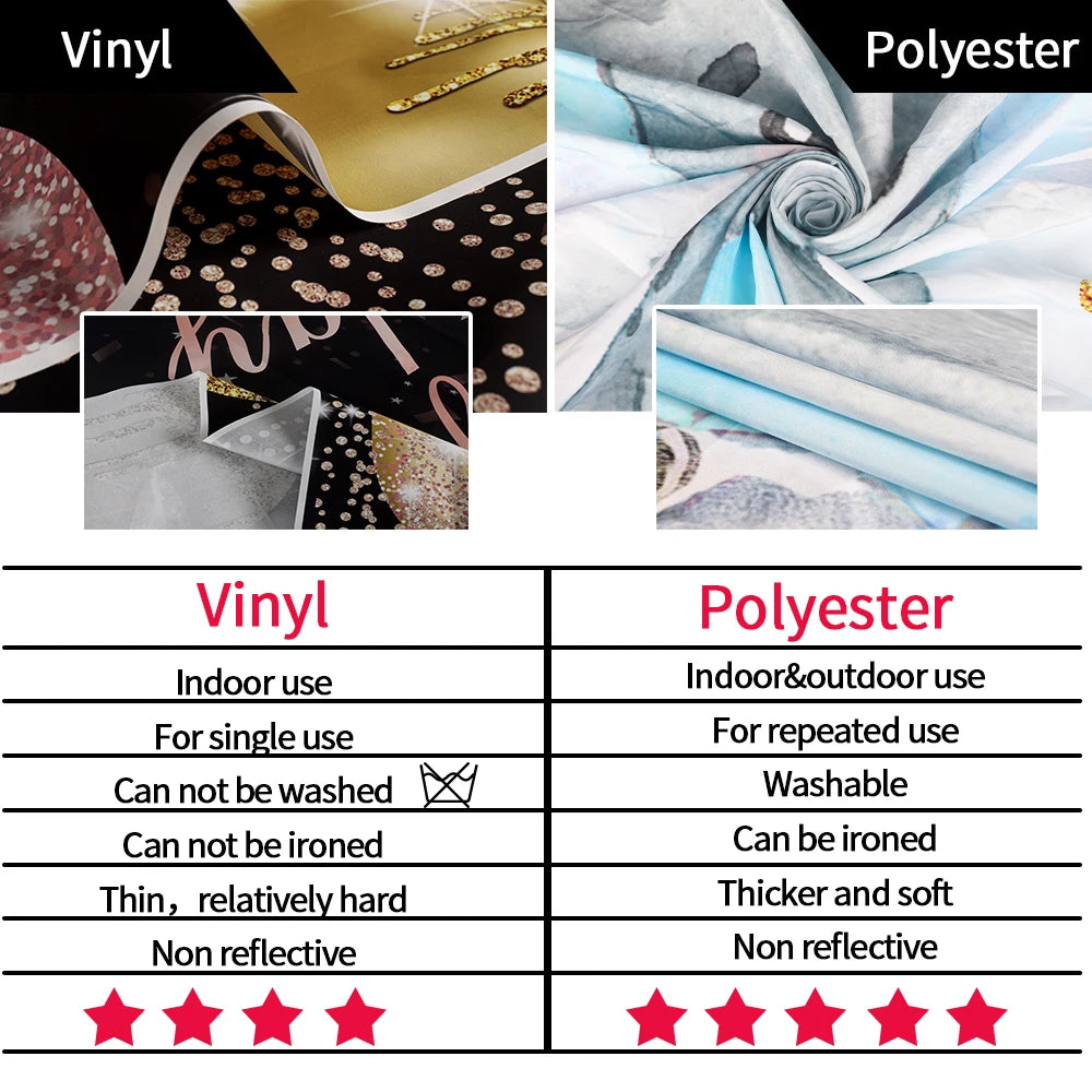 Comparison of vinyl and polyester materials for photography backdrops, showing differences in use and features.