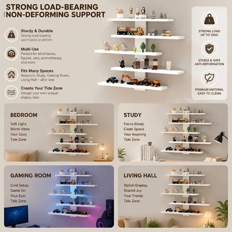 A set of four white floating wall shelves displaying various miniature vehicles and collectibles for display.