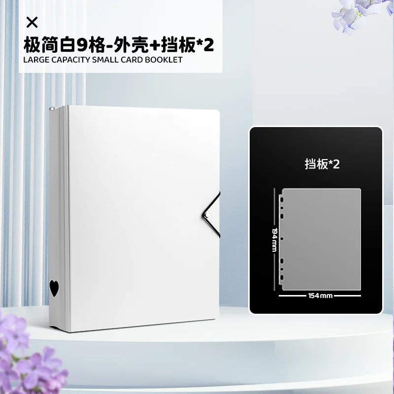 A white large capacity small card booklet with two display boards shown next to it.