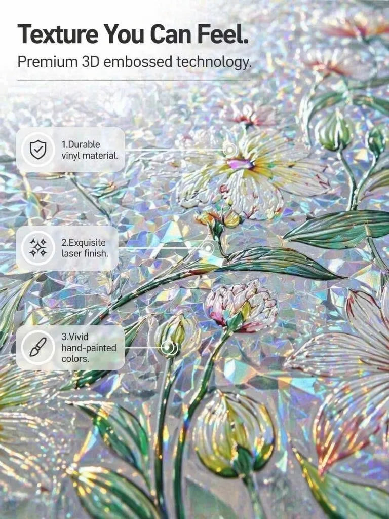 Close-up of a vintage floral mosaic window film featuring detailed 3D embossed texture and vivid hand-painted colors.