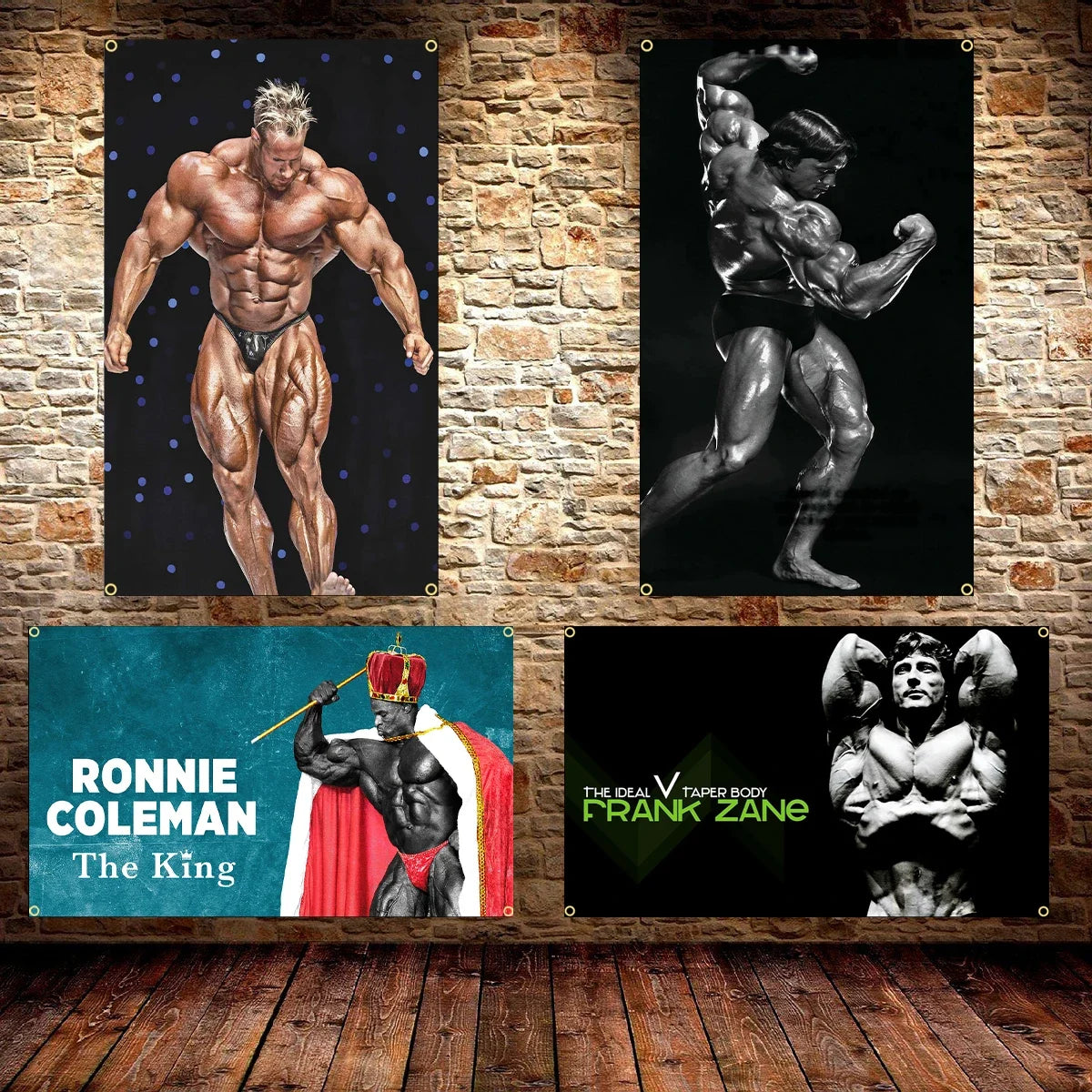 A display of three framed bodybuilding posters featuring muscular men and text related to Ronnie Coleman and Frank Zane.